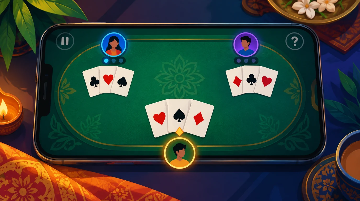Illustration of Teen Patti cards and table layout
